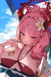  1girl absurdres bikini blue_archive blue_sky breasts brown_eyes commentary day demon_girl demon_horns flower hair_flower hair_ornament halo highres holding holding_pendulum holding_sunscreen horns huge_breasts long_hair lying mole mole_on_breast multicolored_horns official_alternate_costume on_stomach pendulum pink_hair red_bikini red_halo satsuki_(blue_archive) satsuki_(swimsuit)_(blue_archive) seorang sky solo sweatdrop swimsuit two-tone_horns very_long_hair 