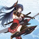 1girl absurdres akigumo_(starward) armor black_hair blush boots breasts commentary_request gloves gold_trim hair_ornament high_heel_boots high_heels highres holding holding_sword holding_weapon huge_weapon katana large_breasts long_hair looking_at_viewer open_mouth osunahanko pleated_skirt ponytail purple_eyes red_skirt sideboob skirt solo starward sword thigh_boots thighhighs weapon 