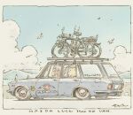  2girls =_= bicycle bird blue_car blue_sky border brown_hair car closed_mouth cloud commentary_request day driving hair_ornament highres mazda mazda_luce mima_nonoka momose_riko motor_vehicle multiple_girls open_mouth outdoors panda_hair_ornament road seagull sekihan short_hair signature sky smile station_wagon vehicle_name white_border zesshaka!_shiritsu_yotsuwa_joshi_gakuin_zetsumetsu_kigu-sha_gakka 