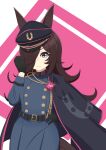  1girl absurdres aiguillette alternate_costume animal_ears belt black_belt black_cape black_gloves blush brown_hair cape closed_mouth commentary_request cosplay dress flipped_hair frown gloves grey_dress hair_over_one_eye hat highres horse_ears horse_girl horse_tail hypnosis_mic katsushika_yuki kotonohatoh_uniform long_hair looking_at_viewer military_uniform peaked_cap purple_eyes rice_shower_(umamusume) solo tail tilted_headwear umamusume 