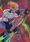  1boy arm_at_side ayaka_mitarashi black_choker blonde_hair blue_shorts camcorder camera child choker commentary_request curtained_hair cyberpunk:_edgerunners cyberpunk:_edgerunners_2 cyberpunk_(series) dynamic_pose foot_out_of_frame green_eyes hand_up highres holding holding_camera jacket jumping knee_up knees long_sleeves looking_at_viewer male_focus midair open_clothes open_jacket parted_lips red_background red_shirt red_socks roman_carax shirt shoes short_hair short_shorts shorts signature skin_seams small_sweatdrop sneakers socks solo video_camera white_jacket white_shoes 
