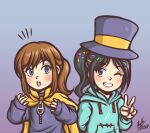  2girls :o a_hat_in_time arm_behind_back black_hair blue_background blue_eyes blue_hoodie blush borrowed_accessory borrowed_clothes brown_eyes brown_hair cape child commentary crossover dated drawstring english_commentary gradient_background hair_sprinkles hair_tie hand_up hands_up hat hat_kid hat_ribbon hood hood_down hoodie jacket long_sleeves looking_to_the_side medium_hair missing_headwear multiple_girls notice_lines one_eye_closed open_mouth parted_lips ponytail purple_background purple_hat purple_jacket ribbon sidelocks signature smile teeth thaumana top_hat upper_body upper_teeth_only v vanellope_von_schweetz wreck-it_ralph yellow_cape yellow_ribbon zipper zipper_pull_tab 