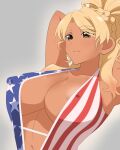  american_flag american_flag_print areola_slip arms_behind_head blonde_hair braid braided_base breasts brown_eyes closed_mouth collarbone commentary_request covered_nipples dark-skinned_female dark_skin flag_print food_court_de_mata_ashita frown grey_background gyaru konbi_ani large_breasts long_hair navel ponytail ponytail_with_braided_base slingshot_swimsuit swimsuit tan upper_body variant_set wavy_hair yamamoto_(food_court) 