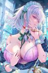  1girl bra breasts breasts_out commentary_request food fruit highres huge_breasts izayoi_sakuya knife lace lace_bra lingerie partially_unbuttoned pink_bra red_eyes rouge_(my_rouge) solo strawberry touhou unbuttoned unbuttoned_shirt underwear white_hair 