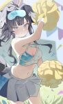  1girl absurdres animal_ears armpits bad_link bare_arms bare_legs black_hair blue_archive blue_eyes blush breasts cleavage closed_mouth cowboy_shot detached_collar dog_ears dog_tail facial_mark goggles goggles_on_head halo hibiki_(blue_archive) hibiki_(cheer_squad)_(blue_archive) highres long_hair looking_at_viewer lvbing midriff navel pom_pom_(cheerleading) skirt solo sports_bra star_(symbol) star_facial_mark tail white_skirt yellow_halo 