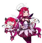  1girl bebeko_z blue_eyes blush bow breasts chef_hat chibi cleavage commentary_request cropped_legs crystal_wings dress dress_flower flower food hand_on_own_hip hat heterochromia highres holding holding_plate hololive hololive_english horns irys_(hololive) long_hair looking_at_viewer low-tied_long_hair medium_breasts multicolored_hair open_mouth pink_eyes plate pointy_ears purple_eyes purple_hair red_hair simple_background smile smol_irys streaked_hair tofu tray virtual_youtuber white_background white_dress wings 