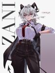  1girl absurdres armband black_armband black_gloves black_horns black_jacket black_pants breasts character_name chest_harness closed_mouth collared_shirt commentary curled_horns demon_tail english_commentary gloves grey_background grey_hair hair_between_eyes harness highres horns jacket jacket_on_shoulders large_breasts long_hair looking_to_the_side multicolored_hair necktie notaxuaxi pants red_eyes red_necktie shirt shirt_tucked_in sideways_glance simple_background solo streaked_hair tail white_shirt wuthering_waves zani_(wuthering_waves) 