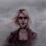  1girl artist_name blonde_hair bloodexer breasts choker cleavage closed_eyes closed_mouth grey_background highres jacket maria_(silent_hill) medium_hair multicolored_hair portrait red_jacket red_streaks signature silent_hill_(series) silent_hill_2 silent_hill_2_(remake) simple_background solo streaked_hair 