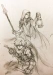  1boy 1girl arm_belt belt capelet cloak closed_mouth commentary_request cropped_legs dual_wielding fingerless_gloves gloves graphite_(medium) hair_between_eyes highres holding holding_lamp holding_polearm holding_weapon hood hood_up hooded_capelet jewelry jun_(navigavi) long_hair long_sleeves looking_to_the_side monochrome necklace original paper_background parted_lips photo_(medium) polearm robe shirt short_hair sidelocks sketch spear sword traditional_media vambraces weapon wide_sleeves 