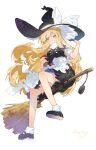  1girl apron back_bow bare_legs black_skirt black_vest blonde_hair blush book bow broom broom_riding buttons chinese_commentary collared_shirt commentary_request dated double-breasted frilled_apron frills full_body grin hair_bow hand_on_headwear hat hat_bow highres holding holding_book kirisame_marisa long_hair looking_at_viewer loose_socks mary_janes mini-hakkero one_eye_closed puffy_short_sleeves puffy_sleeves purple_bow shirt shoes short_sleeves signature simple_background sitting skirt skirt_set smile socks solo space_print star_(symbol) starry_sky_print touhou two-sided_fabric two-sided_skirt very_long_hair vest waist_apron white_apron white_background white_bow white_shirt white_socks witch_hat xuezai yellow_eyes 