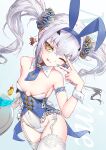  1girl absurdres animal_ears atenderliver bare_shoulders blue_corset blush breasts coattails commentary_request corset covered_navel detached_collar fake_animal_ears fate/grand_order fate_(series) forked_eyebrows highres jewelry leotard long_hair looking_at_viewer melusine_(fate) neck_ring necktie one_eye_closed playboy_bunny rabbit_ears sidelocks small_breasts smile solo tailcoat thighhighs thighs twintails v white_hair white_leotard white_thighhighs wrist_cuffs yellow_eyes 