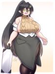  1girl black_hair blush breasts cardigan collared_sweater commentary_request dress glasses green_eyes hair_between_eyes hair_ornament highres hilde_(trickcal) huge_breasts long_hair looking_at_viewer loosely_tucked_bangs mo23 mole open_mouth pantyhose pointy_ears ponytail round_eyewear skirt sleeveless sleeveless_sweater smile solo suitcase sweater taut_clothes taut_dress tight_clothes tight_dress trickcal virgin_killer_sweater wide_hips yellow_cardigan yellow_sweater 