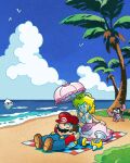  1boy 1girl beach blonde_hair blooper_(mario) blue_eyes blue_overalls blue_sky brown_hair commentary crab crown f.l.u.d.d. facial_hair gloves hat highres jewelry long_hair mario mario_(series) mario_(sunshine) mustache official_alternate_costume official_alternate_hairstyle official_art open_mouth outdoors overalls palm_tree princess_peach princess_peach_(sunshine) red_shirt sand shirt short_sleeves sky sleeveless super_mario_sunshine tree untranslatable_commentary water white_gloves 