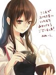 akagi_(kantai_collection) bad_id bad_pixiv_id brown_eyes brown_hair chopsticks food kantai_collection long_hair muneate nunucco simple_background smile solo translation_request white_background 