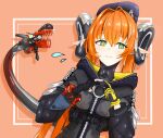  1girl 1other asymmetrical_gloves black_hat black_horns blush closed_mouth commentary_request curled_horns dragon_girl dragon_horns dress fingerless_gloves gloves green_eyes hair_between_eyes hat hhhhhhnt2 highres horns index_fingers_together long_hair looking_at_another looking_to_the_side magus_(zenless_zone_zero) mechanical_horns mechanical_tail mismatched_gloves orange_background orange_hair orange_pupils orphie_magnusson pointy_ears simple_background single_fingerless_glove tail twintails upper_body yellow_gloves zenless_zone_zero zipper_dress 