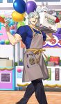  1boy apron badge balloon biceps black_pants blue_eyes blue_shirt box brown_apron button_badge character_doll clipboard commentary_request cup disposable_cup doll drink fate/grand_order fate_(series) feet_out_of_frame fou_(fate) game_asset holding holding_box holding_drink long_hair male_focus medium_hair muscular muscular_male official_art open_mouth outdoors pants partial_commentary percival_(academy_outfit)_(fate) percival_(fate) saint_quartz_(fate) shiramine_(srmn09) shirt short_sleeves smile solo stuffed_animal stuffed_toy third-party_source walking white_hair 
