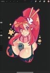  1girl animal animal_between_breasts art_program_in_frame between_breasts bikini black_background black_bikini boota_(ttgl) breasts cleavage commentary emily_botta flame_print grid_background hair_ornament large_breasts long_hair looking_at_viewer multicolored_bikini orange_eyes pink_scarf ponytail print_bikini red_bikini red_hair red_scarf scarf skull_hair_ornament smile star_(symbol) striped_clothes striped_scarf swimsuit tengen_toppa_gurren_lagann two-tone_bikini two-tone_scarf yoko_littner 