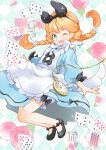  1girl :d ;d ace_(playing_card) ace_of_hearts alice's_adventures_in_wonderland alice_(alice_in_wonderland) apron argyle_background black_bow black_hairband black_ribbon black_shoes blonde_hair blue_dress blue_eyes bow braid card club_(shape) collared_dress commentary_request contrast_collar diamond_(shape) dress floating_hair flower frilled_apron frills full_body hair_ornament hair_ribbon hairband heart highres kuga_tsukasa long_hair long_sleeves low_twintails one_eye_closed pink_flower pink_rose playing_card pocket_watch puffy_long_sleeves puffy_sleeves rabbit_hair_ornament ribbon roman_numeral rose rounded_collar shoes smile solo spade_(shape) twin_braids twintails very_long_hair watch white_apron 