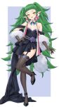  1girl :d alternate_costume ankle_strap armpit_crease bare_shoulders black_dress black_garter_straps black_shoes blue_background blush border breasts brown_gloves brown_thighhighs commentary commission dress english_commentary feather_boa fire_emblem fire_emblem:_three_houses formal_clothes garter_straps gloves green_eyes green_hair hand_on_own_hip high_heels highres leg_up long_hair long_pointy_ears looking_at_viewer open_mouth outside_border pointy_ears redkite333 shoes short_dress simple_background sleeveless sleeveless_dress small_breasts smile solo sothis_(fire_emblem) sothis_(young)_(fire_emblem) standing standing_on_one_leg thighhighs thighs twintails very_long_hair white_border zettai_ryouiki 