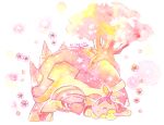  closed_eyes commentary_request flower greenaokimi no_humans nostrils painting_(medium) petals pink_flower pink_theme pokemon pokemon_(creature) signature simple_background torterra traditional_media tree turtwig watercolor_(medium) white_background 