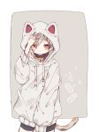  1girl animal_ears bell calico_(pattern) cat_ears cat_girl cat_tail coin commentary_request cowboy_shot gold goutokuji_mike grey_hoodie highres hood hoodie jingle_bell koban_(gold) long_sleeves maneki-neko multicolored_hair one-hour_drawing_challenge orange_eyes roamu_65 short_hair simple_background solo standing streaked_hair tail touhou white_hair 