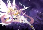  1girl aiming angel angel_wings angewomon ankle_boots arrow_(projectile) asymmetrical_clothes bare_shoulders belt black_belt blonde_hair bodysuit boobplate boots botamon breasts character_request chicomon cleavage closed_eyes closed_mouth clothing_cutout commentary covered_eyes digimoji digimon digimon_(creature) dorimon english_commentary feathered_wings full_body gloves hagoromo helmet helmet_over_eyes highres holy_ring large_breasts long_hair multiple_wings navel nyokimon o-ring o-ring_belt open_mouth pokomon_(digimon) r-a-1 shawl sitting skindentation solo_focus stomach stomach_cutout strapless_bodysuit thigh_strap tokomon white_bodysuit white_boots winged_helmet wings wrist_wings yokozuwari zipper 