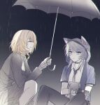  2girls absurdres aglaea_(alternate_spacetime)_(honkai:_star_rail) aglaea_(honkai:_star_rail) animal animal_ears black_gloves black_necktie black_pants blonde_hair blue_eyes blue_jacket brown_dress cat cat_ears cat_girl cipher_(alternate_spacetime)_(honkai:_star_rail) cipher_(honkai:_star_rail) closed_eyes collared_shirt commentary dress ears_through_hood feet_out_of_frame frown gloves grey_hair highres holding holding_animal holding_cat holding_umbrella honkai:_star_rail honkai_(series) hood hooded_jacket jacket looking_at_another multiple_girls necktie night official_alternate_costume outdoors pants rain shared_umbrella shirt short_hair sitting smile squatting t_tperopero umbrella wet wet_clothes white_shirt 