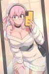  1girl absurdres arm_support bag bare_shoulders black_bag black_choker blush breasts cellphone choker cleavage commentary english_commentary hair_between_eyes hand_on_own_thigh headphones highres holding holding_phone indoors large_breasts little_j long_hair looking_at_viewer mirror mirror_selfie nitroplus off-shoulder_sweater off_shoulder phone pink_eyes pink_hair selfie shoulder_bag sidelocks smartphone smile solo super_sonico sweater white_sweater wide_hips 
