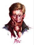  1boy blood blood_on_arm blood_on_clothes blood_on_face blood_on_hand blue_eyes bomber_jacket brown_gloves commentary drive_(movie) driver_(drive) english_commentary gloves jacket male_focus open_clothes open_jacket sgkg108 shirt solo upper_body white_jacket white_shirt 