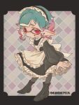  1girl apron aqua_hair argyle_background artist_name black_boots black_border black_dress black_pantyhose blush boots border closed_mouth commentary_request dress frilled_apron frilled_dress frills gradient_hair heart high_heel_boots high_heels highres inkling inkling_girl inkling_player_character lodinepita long_pointy_ears long_sleeves looking_at_viewer maid maid_headdress multicolored_hair outside_border pantyhose pink_eyes pink_hair pointy_ears puffy_sleeves short_eyebrows solo splatoon_(series) tentacle_hair twitter_username white_apron 