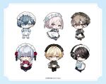  6+boys 6bns9 :< :d :o aimery_cenoir amaki_rou apron arm_behind_back ascot bandaid bandaid_on_cheek bandaid_on_face black_boots black_dress black_hair black_hakama black_necktie black_shoes black_skirt blonde_hair blue_border blue_eyes blue_flower blue_hair blue_jacket blue_kimono blue_leg_warmers blue_shorts blunt_sidelocks boots border bow boys_be_maid! brown_dress brown_eyes brown_hair camouflage_dress chibi chibi_only chinese_clothes closed_mouth commentary_request copyright_notice crinoline crossdressing crossdressing_(mtf) curtained_hair dog_tags double-parted_bangs dress earrings expressionless finger_to_mouth flats flower frilled_apron frills full_body gloves gradient_eyes green_dress green_kimono grey_eyes hair_between_eyes hair_bow hair_bun hair_flower hair_ornament hair_over_one_eye hairclip hakama hand_up hands_on_own_hips hat himeutsugi_rei holding_own_dress index_finger_raised jacket japanese_clothes jersey_maid jewelry juliet_sleeves kiku_shumei kimono kisaki_yoka lace-up_boots lantern_earrings leg_warmers lineup long_dress long_sleeves looking_at_viewer maid maid_apron maid_headdress male_focus male_maid mixed_maids mob_cap mole mole_under_eye multicolored_eyes multicolored_kimono multiple_boys necktie offering_hand official_art parted_lips pink_eyes pink_hair pleated_skirt puffy_sleeves purple_eyes qi_maid red_flower red_jacket sample_watermark shirt shirt_under_kimono shoes short_hair shorts shushing sidelocks sideways_glance simple_background single_hair_bun skirt smile standing steampunk striped_clothes striped_kimono tactical_maid takashina_ranto tangzhuang unconventional_maid vertical-striped_clothes vertical-striped_kimono victorian_maid wa_maid waist_apron watermark white_apron white_ascot white_background white_gloves white_hair white_kimono white_shirt yellow_eyes 