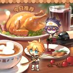  2boys aotu_world black_hair blonde_hair blue_eyes bottle cherry_tomato chibi chibi_only chicken_(food) chinese_commentary cinnamon_stick commentary_request cup food fruit headband holding holding_spoon hot_chocolate king_(aotu_world) male_focus marshmallow multiple_boys orange_(fruit) orange_slice oversized_spoon plate pointy_ears print_headband purple_eyes ray_(aotu_world) shangwomifou shorts spoon star_(symbol) star_anise_(spice) star_print table tomato white_headband wine_bottle 