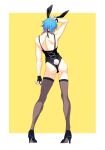  1boy animal_ears ass back black_gloves blue_hair border commentary_request contrapposto crossdressing crossdressing_(mtf) dramatical_murder fake_animal_ears fake_tail fingerless_gloves fishnet_thighhighs fishnets from_behind full_body gloves hand_on_own_head high_heels highres julissa28465547 male_focus male_playboy_bunny rabbit_ears rabbit_tail seragaki_aoba solo standing tail thighhighs white_border yellow_background 