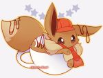  animal_focus artist_name blush brown_eyes brown_fur closed_mouth clothed_pokemon commentary cup eevee fluffy hat highres in_container in_cup mew_mew_chikorita_moon necktie no_humans outline poke_ball_print poke_ball_symbol pokemon pokemon_(creature) pokemon_cafe_remix red_hat red_necktie simple_background solo star_(symbol) yellow_outline 