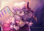  1girl ascot blonde_hair bow character_name collared_shirt commentary_request crystal crystal_wings flandre_scarlet frilled_shirt_collar frilled_skirt frills hat hat_bow highres inset_border looking_at_viewer mob_cap multicolored_wings one_side_up open_mouth red_bow red_eyes red_nails red_skirt red_vest reoneko05 shirt skirt skirt_set sleeve_bow smile solo touhou vest white_hat white_shirt wings yellow_ascot 