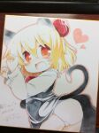  1girl :d absurdres animal_ears ascot ass black_skirt black_vest blonde_hair blush cat_ears cat_girl cat_tail clothes_lift commentary_request cowboy_shot dated double-parted_bangs fang hair_between_eyes hair_ribbon hands_up heart highres lifted_by_tail long_sleeves looking_at_viewer matatabi_(nigatsu) open_mouth panties paw_pose red_ascot red_eyes red_ribbon ribbon rumia shikishi shirt short_hair signature simple_background skirt skirt_lift skirt_set smile solo tail touhou traditional_media underwear vest white_background white_panties white_shirt 