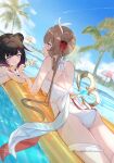  2girls absurdres alternate_hairstyle ass bare_shoulders blue_eyes blue_sky bright_pupils brown_hair closed_mouth cloud columbina_(genshin_impact) commentary_request crossed_arms feeding food frilled_thigh_strap from_behind genshin_impact hair_bun highres holding holding_food holding_ice_cream ice_cream looking_at_another lying multicolored_hair multiple_girls on_stomach one-piece_swimsuit open_mouth purple_eyes purple_hair sandrone_(genshin_impact) sazanami_(re_n_rentaro) scrunchie sky smile swimsuit thigh_strap two-tone_hair white_one-piece_swimsuit white_pupils wrist_scrunchie 