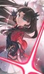  1boy 1girl absurdres archer_(fate) black_gloves black_shirt black_thighhighs blue_eyes brown_hair commentary dark-skinned_male dark_skin earrings energy_beam fate/stay_night fate_(series) gem gloves highres honkai:_star_rail honkai_(series) hoop_earrings jacket jewelry long_hair matsuudesu pointing red_gem red_jacket rin's_pendant_(fate) shirt short_hair skirt solo_focus sparkle thighhighs tohsaka_rin tohsaka_rin_(honkai:_star_rail) two_side_up white_hair white_skirt 