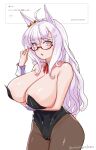  1girl adjusting_eyewear ahoge animal_ears arm_under_breasts bare_shoulders biwa_hayahide_(umamusume) black_leotard blush breasts brown_pantyhose cleavage collarbone commentary detached_collar ear_ornament glasses grey_hair hair_between_eyes highres horse_ears horse_girl konigstigerchan large_breasts leotard long_hair neck_ribbon pantyhose parted_lips red-framed_eyewear red_ribbon ribbon semi-rimless_eyewear solo umamusume under-rim_eyewear white_wrist_cuffs wrist_cuffs yellow_eyes 