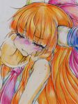  absurdres blush bow colored_pencil hair_bow hand_on_another's_cheek hand_on_another's_face highres horns ibuki_suika long_hair nichibotsu_(kitaziman) orange_hair out_of_frame pencil pout red_eyes solo_focus tears touhou 