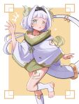  +++ 1girl :o barefoot blunt_bangs blush commentary_request dragon_girl dragon_horns dragon_tail green_eyes hair_intakes hairband hand_up heart highres horns japanese_clothes jewelry looking_at_viewer lungo_arc open_mouth original soles solo standing standing_on_one_leg stirrup_legwear tail tattoo toeless_legwear tribal waving white_hair wide_sleeves 