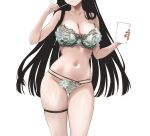  1girl black_hair blush bra breasts chisa_(wuthering_waves) cleavage collarbone commentary embroidered_bra embroidered_panties eyes_out_of_frame fingernails food groin head_out_of_frame highres holding holding_food holding_pocky large_breasts long_fingernails long_hair m_(1n910) multi-strapped_panties nail_polish navel panties pocky red_nails simple_background skindentation solo stomach thigh_gap thigh_strap thighs underwear unfinished white_background white_bra white_panties wuthering_waves 