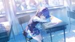  6+girls 7gao bag blue_hair blue_theme chair classroom commentary crossed_arms curtains desk drawn_animal drawn_star flower fujita_kotone gakuen_idolmaster gokugetsu_gakuen_school_uniform hair_flower hair_ornament hairclip hanami_ume hataya_misuzu hatsuboshi_gakuen_school_uniform highres idolmaster kaya_rinha kuramoto_china looking_at_another multiple_girls neck_ribbon ribbon school_bag school_chair school_desk school_uniform shinosawa_hiro shirt sleeping sleeping_upright solo_focus tsukimura_temari white_shirt window 