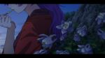  1girl absurdres blue_flower blurry blurry_foreground columbine_(flower) commentary_request dawn depth_of_field eyes_out_of_frame facing_ahead facing_down flower from_side hand_up head_out_of_frame highres holding holding_smoking_pipe japanese_clothes kimono kiseru komakusa_sannyo letterboxed long_hair morning multicolored_flower outdoors paid_reward_available red_kimono red_robe robe sky smoking smoking_pipe solo suteruko touhou upper_body white_flower 