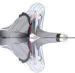  1girl absurdres black_neckerchief blue_eyes closed_mouth commentary_request expressionless from_side grey_hair grey_hoodie hair_between_eyes highres hood hood_down hoodie kmma long_hair long_sleeves lying neckerchief on_stomach profile project_sekai red_neckerchief reflection reflective_floor reflective_surface shirt sidelocks simple_background solo two-tone_neckerchief upper_body very_long_hair white_background yoisaki_kanade 