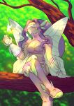  1girl arm_support arm_warmers belt bikini boots breasts bug butterfly butterfly_hair_ornament butterfly_wings cleavage closed_mouth commentary covered_eyes crossed_legs curtained_hair day digimon digimon_(creature) elbow_gloves english_commentary facial_mark fairimon full_body garter_straps gloves grey_gloves hair_ornament hairband head-mounted_display highres in_tree insect_wings long_hair medium_breasts midriff purple_arm_warmers purple_belt purple_bikini purple_boots purple_hair purple_hairband rachelmonart shoulder_pads sitting sitting_in_tree smile solo strapless strapless_bikini swimsuit thigh_boots tree wings 