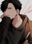  1boy black_eyes black_hair black_hoodie closed_mouth commentary_request haikyuu!! hand_on_own_chin highres holding holding_pen hood hood_down hoodie kkno_k kuroo_tetsurou male_focus parted_lips pen short_hair sideburns signature simple_background solo teeth upper_body white_background 