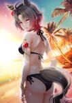  1girl animal_ears armlet ass back backlighting beach bikini black_bikini black_hair breasts closed_mouth commentary_request cowboy_shot ear_ornament from_behind halterneck highres horse_ears horse_girl horse_tail jewelry lips looking_at_viewer looking_back medium_breasts medium_hair multicolored_hair ocean otono_(bkt4b) outdoors palm_tree pink_eyes red_hair rose_kingdom_(umamusume) sand shoulder_blades side-tie_bikini_bottom sky solo string_bikini sunset swimsuit symbol_in_eye tail tree triangle_bikini_top two-tone_hair umamusume water 