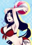 1girl absurdres anno_im armpits ball bare_shoulders beachball bikini black_hair bleach bleach:_brave_souls blue_eyes breasts commentary_request highres holding holding_ball holding_beachball large_breasts long_hair low-tied_long_hair midriff navel open_mouth red_bikini side-tie_bikini_bottom solo swimsuit unohana_retsu unohana_retsu_(2021_swimsuit) 