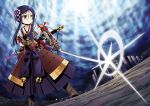  1girl armor blue_hair blue_hakama closed_mouth collarbone commentary_request hair_between_eyes hair_ornament hakama hakama_skirt holding holding_sword holding_weapon japanese_armor japanese_clothes katana kimono kusazuri looking_ahead minami_juujisei scabbard sekaiju_no_meikyuu sekaiju_no_meikyuu_3 sheath shogun_(sekaiju) shogun_4_(sekaiju) skirt solo standing sword weapon white_kimono 